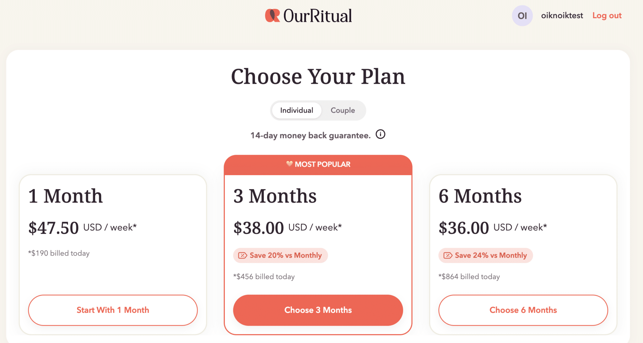 OurRitual pricing for relationship therapy for individuals